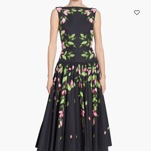 ERDEM Black Midi Dress with Pink and Green Floral Design